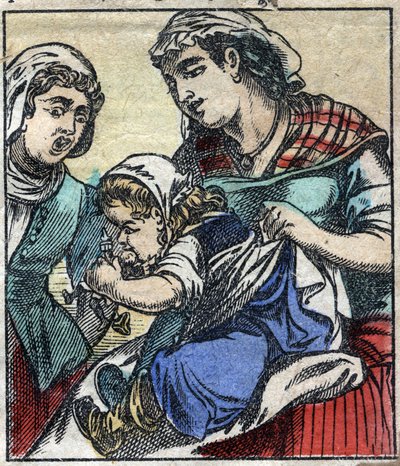 Lemuel Gulliver nel Paese dei Giganti di Brobdingnag. Illustrazione per "I viaggi di Gulliver" di Jonathan Swift (1667-1745). Immagine di Epinal fine XIX secolo da French School