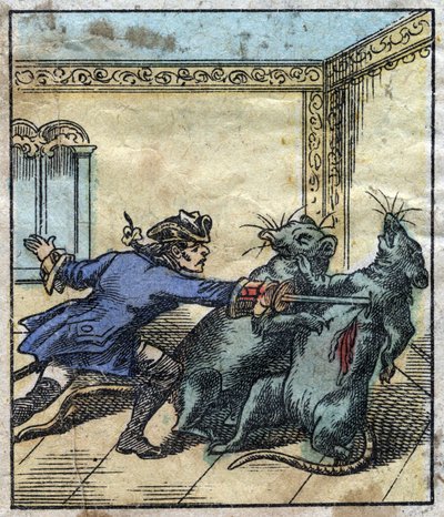 Lemuel Gulliver combatte i topi nella terra dei giganti di Brobdingnag. Illustrazione per "I viaggi di Gulliver" di Jonathan Swift (1667-1745). Immagine di Epinal della fine del XIX secolo da French School