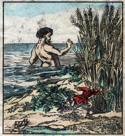 Lemuel Gulliver si nasconde da un gigante a Brobdingnag. Illustrazione per "I viaggi di Gulliver" di Jonathan Swift (1667-1745). Immagine di Epinal fine XIX secolo. da French School