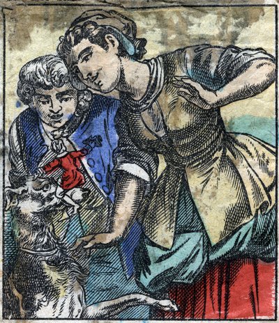 Lemuel Gulliver nella terra dei giganti di Brobdingnag. Illustrazione per "I viaggi di Gulliver" di Jonathan Swift (1667-1745). Immagine di Epinal della fine del XIX secolo da French School