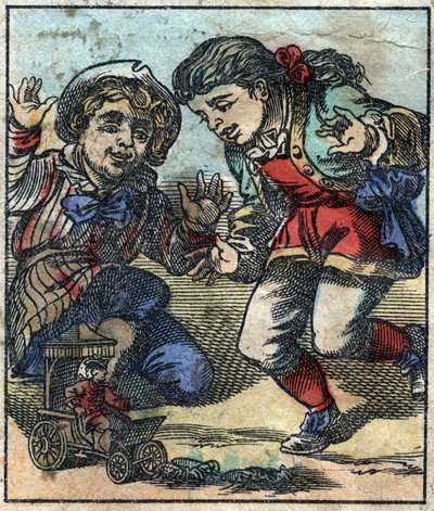 Lemuel Gulliver usato come giocattolo dai bambini giganti di Brobdingnag. Illustrazione per "I viaggi di Gulliver" di Jonathan Swift (1667-1745). Immagine di Epinal fine XIX secolo da French School