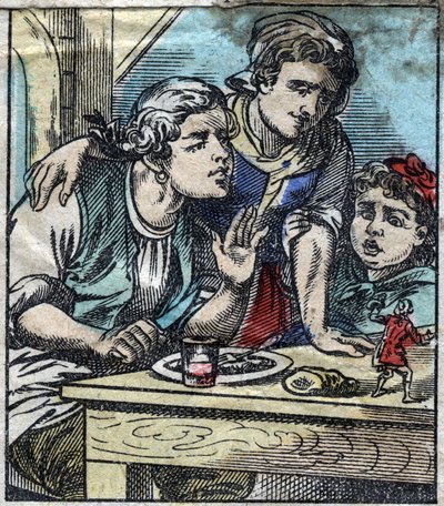 Lemuel Gulliver sul tavolo della famiglia Glumdalclitch, nella terra dei giganti di Brobdingnag. Illustrazione per "I viaggi di Gulliver" di Jonathan Swift (1667-1745). Immagine di Epinal della fine del XIX secolo da French School
