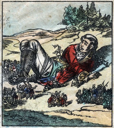 Lemuel Gulliver si sveglia dopo il naufragio e viene fatto prigioniero dai Lillipuziani. Illustrazione per "I viaggi di Gulliver" di Jonathan Swift (1667-1745). Immagine di Epinal fine XIX secolo. da French School