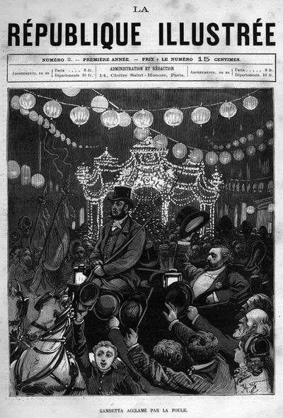 Leon Gambetta saluta la statua in Place de la Republique a Parigi. Un giornale. Incisione del 1880 in 