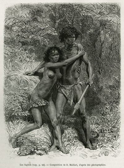 Le fuggitive aborigene, incisione da un disegno di D. Maillart, per illustrare la storia sei mesi in Australia, di Désiré Charnay, una missione assegnata dal Ministero dell
