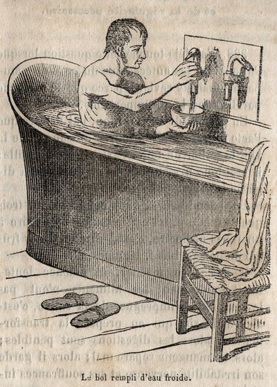 I gesti del bagno - Igiene nel XIX secolo - uomo in una vasca da bagno - incisione in "La Sante Universelle - Guide Medical des Familles" 1852 da French School
