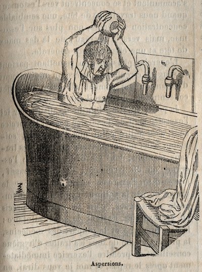 I gesti del bagno - Igiene nel XIX secolo - uomo in una vasca da bagno - incisione in 
