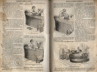 I gesti del bagno - Igiene nel XIX secolo - uomo in una vasca da bagno - incisione in 
