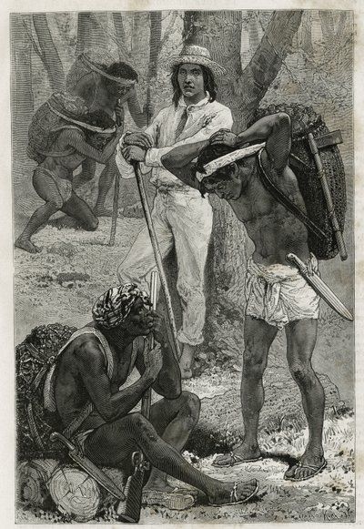 I portatori (caucheros), nel Darien (regione orientale di Panama), incisione da un disegno di D.Maillart, per illustrare la storia Esplorazione all