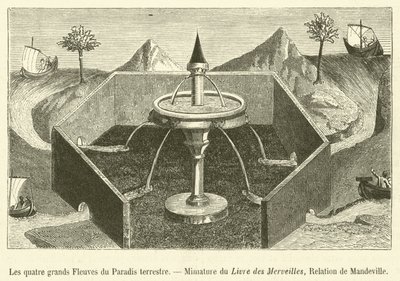 I quattro grandi Fiumi del Paradiso terrestre, Miniatura del Libro delle Meraviglie, Relazione di Mandeville da French School