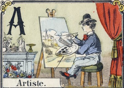 Lettera A: artista. Alfabeto ricreativo. Immagine di Epinal. Incisioni su legno stencil, circa 1880. Piccolo libretto di 16 pagine (205 x 150 mm). Collezione privata da French School