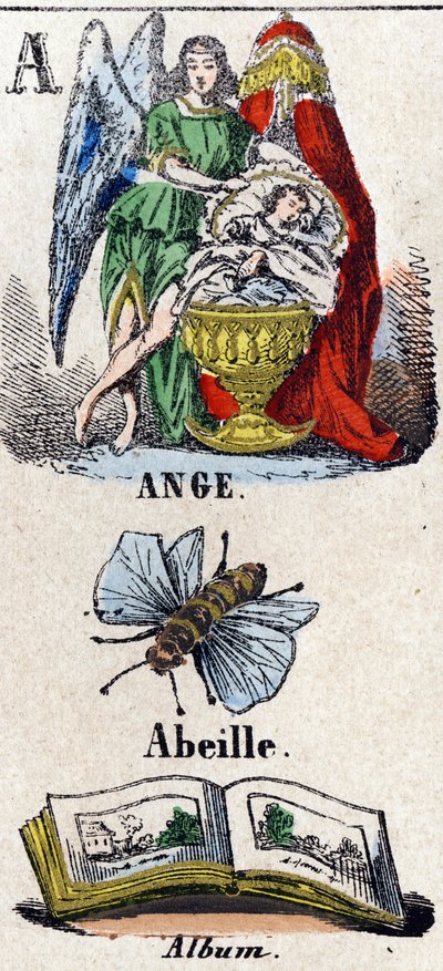 Lettera A come Angelo, Ape e Album. Un angelo protettivo vicino a un bambino che dorme in una culla. Piccolo alfabeto enciclopedico. Immagini di Epinal, circa 1860 da French School