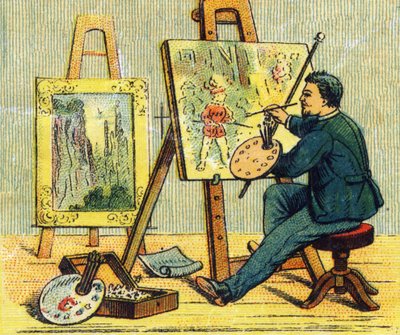 Lettera A: pittore nel suo studio. Incisione in "ABC indechirable su tela verniciata". A. Capendu, editore, Parigi, fine XIX secolo. Libreria per bambini illustrata. 8 pagine. Dim: 21,5x18cm da French School