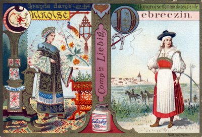 Lettera C come Grande Donna Cinese e D come Ungherese di Debreczin. Alfabeto delle donne. Serie di 12 immagini. Pubblicità Liebig da French School