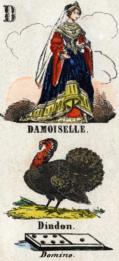 Lettera D come damoiselle, tacchino e domino. Piccolo alfabeto enciclopedico. Immagini di Epinal, circa 1860 da French School