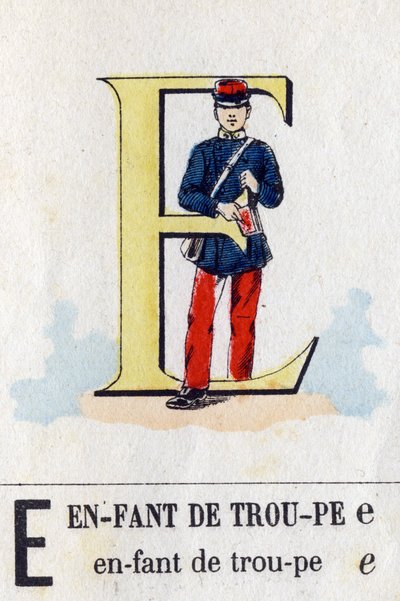 Lettera E come bambino di truppa. Alfabeto militare. Immagini di Epinal, circa 1870-1880. Xilografie colorate a stencil. da French School