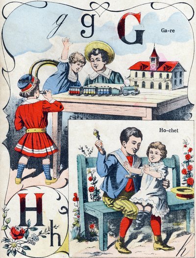 Lettera G H: stazione e sonaglio. Incisione in "ABC des joux pour petits boys". Immagine di Pont-a-Mousson, Louis Vagne, stampatore-editore, fine XIX secolo. Dim: 32,5x25 cm da French School