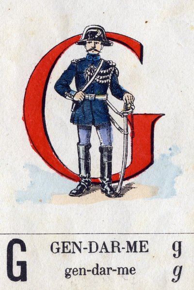 Lettera G come Gendarme. Alfabeto militare. Immagini di Epinal, circa 1870-1880. Xilografie colorate a stencil. da French School