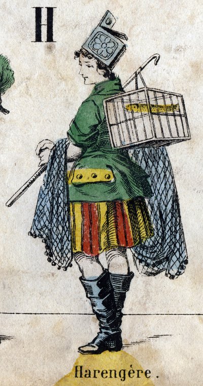 Lettera H: Aringa. Incisione in "Alphabet masquerade". Nuova immagine di Epinal. Stampa-litografia Pinot et Sagaire, editori, Epinal, seconda metà del XIX secolo. Piatto N° 491 con 25 lettere illuminate. Dim: 40,5x28cm da French School