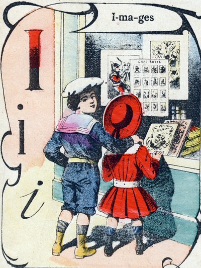 Lettera I: immagini. Incisione in "ABC des joux pour petits boys". Immagine di Pont-a-Mousson, Louis Vagne, stampatore-editore, fine XIX secolo. Dim: 32,5x25 cm da French School