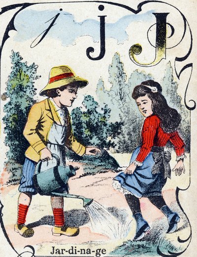Lettera J: Giardinaggio. Incisione in "ABC des joux pour petits boys". Immagine di Pont-a-Mousson, Louis Vagne, stampatore-editore, fine XIX secolo. Dim: 32,5x25 cm da French School