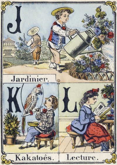 Lettera J, K e L: giardiniere, cacatua e lettura. Alfabeto ricreativo. Immagini di Epinal, circa 1880 da French School