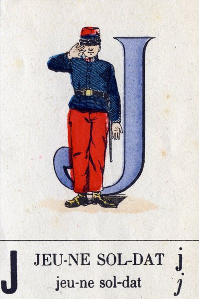 Lettera J come giovane soldato. Alfabeto militare. Imagerie d