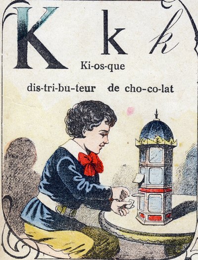 Lettera K: chiosco distributore di cioccolato. Incisione in "ABC des joux pour petits boys". Immagine di Pont-a-Mousson, Louis Vagne, stampatore-editore, fine XIX secolo. Dim: 32,5x25 cm da French School