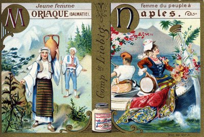 Lettera M come Giovane Donna Morlacca e N come Donna del Popolo a Napoli. Alfabeto delle donne. Serie di 12 immagini. Pubblicità Liebig da French School