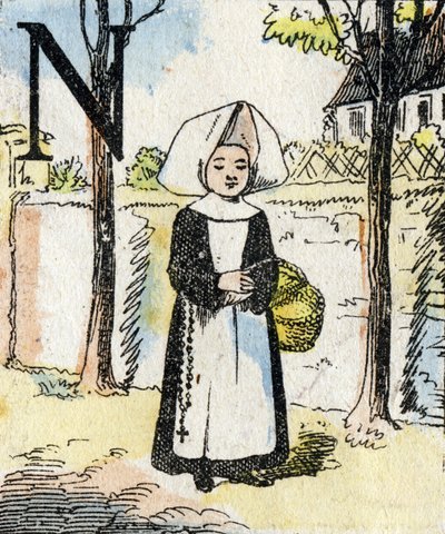 Lettera M ragazza come suora. ABC delle bambine. Immagini di Epinal da French School