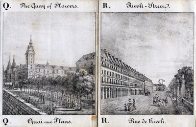 Lettera Q e A: Il molo dei fiori e la strada di Rivoli - "Alphabet Picturesque des Monumens de Paris" c.1840 (incisione) da French School