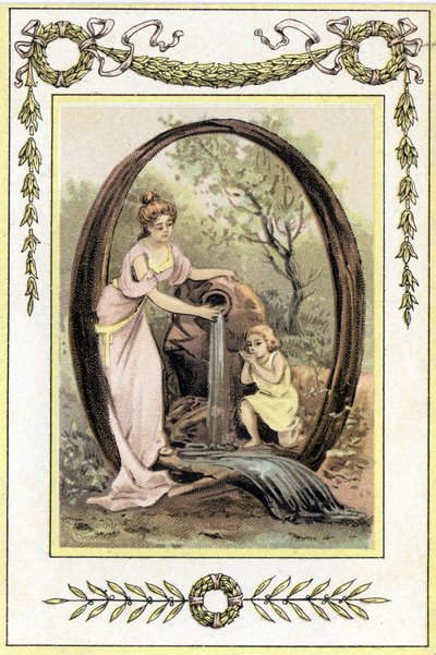 Lettera Q che rappresenta una madre e suo figlio che bevono acqua dalla sorgente, fine XIX secolo (cromolitografia) da French School