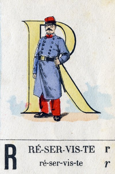 Lettera R come riservista. Alfabeto militare. Immagini di Epinal, circa 1870-1880. Xilografie colorate a stencil da French School