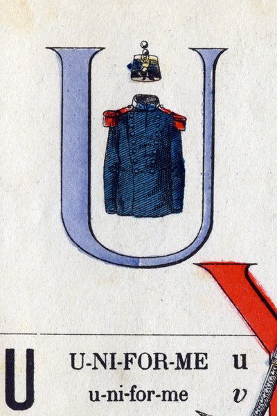 Lettera U come uniforme. Alfabeto militare. Imagerie d