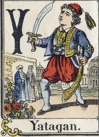 Lettera Y: Yatagan. Alfabeto ricreativo. Immagini di Epinal, circa 1880 da French School