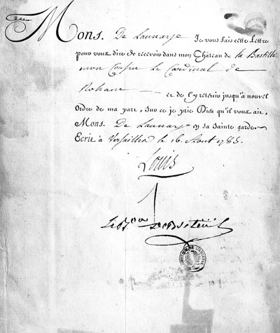 Lettera da Carhel, firmata dal Barone Louis de Breteuil, che ordina l