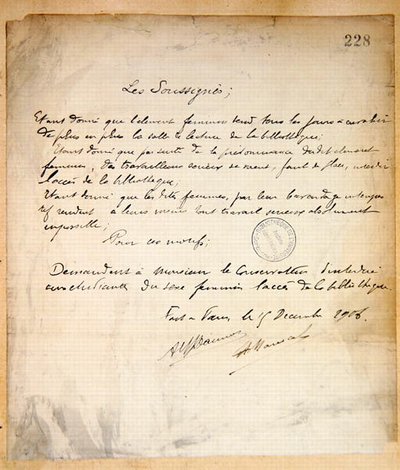 Lettera di protesta che richiede il rifiuto di ingresso per le donne alla Biblioteca della Sorbona da French School