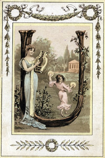 Lettera che rappresenta una madre che suona la lira e sua figlia che danza con il timpano, fine XIX secolo (cromolitografia) da French School