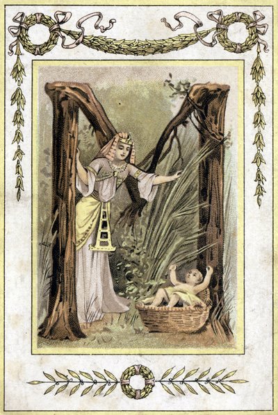 Lettera che rappresenta una madre egiziana che trova un bambino abbandonato (Mosè salva le acque), fine XIX secolo (cromolitografia) da French School