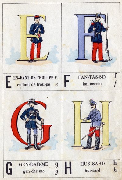 Lettere E come bambino di truppa, F come fante, G come lacchè e H come ussaro. ABC militare. Imagerie d