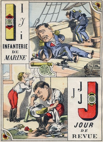 Lettere I e J: Fanteria di Marina e Giorno della Revisione. Incisione in "Alfabeto Militare Comico". Quinta serie. Immagini di Epinal, fine XIX secolo da French School