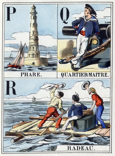 Lettere P come faro, Q come quartiermastro, R come zattera. Abecedario della marina di 16 pagine contenente un alfabeto in lettere maiuscole. Imagerie d