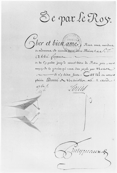 Lettera di Cachet di Re Luigi XV per imprigionare l