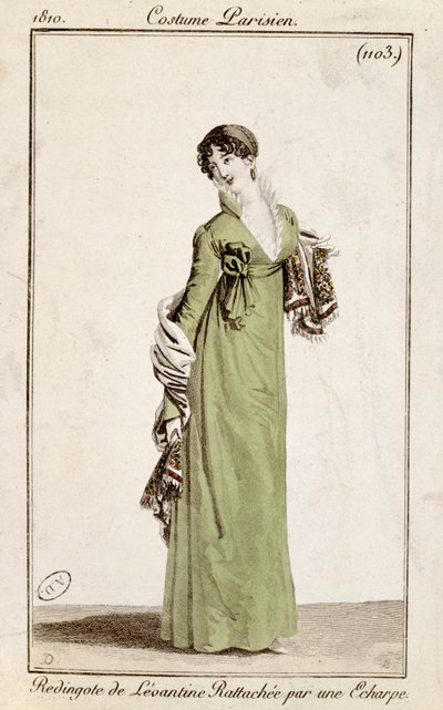 Redingote levantina chiusa da una sciarpa, tavola di moda da Costume Parisien, 1810 da French School