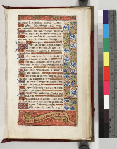 Lewis E 113 f.20r Pagina di testo decorata con il motto Senza lealtà tutto è perduto da French School