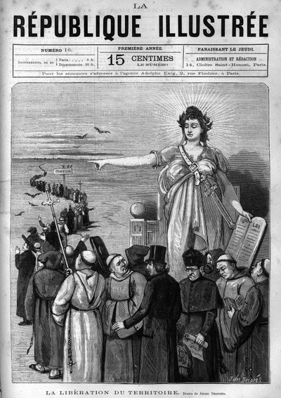 Liberazione del territorio: la Repubblica Francese espelle le congregazioni religiose non autorizzate dal territorio francese in seguito ai decreti del marzo 1880 presi da Jules Ferry privandole del diritto di insegnare. Un giornale. Incisione del 1880 in  da French School
