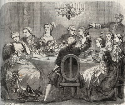 Libertinaggio: Christian VII (1749-1808), Re di Danimarca e Norvegia, durante una festa libertina organizzata dalla danzatrice Marie Madeleine Guimard (1743-1816) nella sua casa di Pantin. Incisione del 1871 in "Histoire Des Cocuses Celebres" di Henry de K da French School