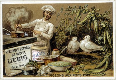 Ricette Liébig: piccioni con piselli - cromolitografia da French School