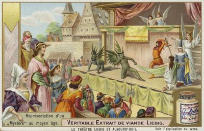 Carta Liebig con una rappresentazione di un mistero medievale da French School