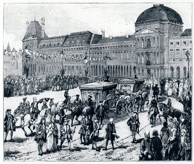 La vita sotto Luigi XV: il re arriva al Palazzo delle Tuileries, dove lo attendono la regina e il delfino - in "Parigi attraverso i secoli" di Gerouillac da French School